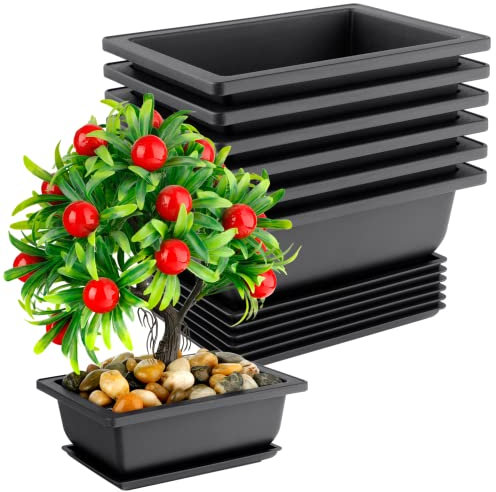 YOFAPA Plastic Plant Pot Rectangular - 6PCS Planter Pot Flower Bonsai Training Pots with 6PCS Drip Tray for Garden, Balcony