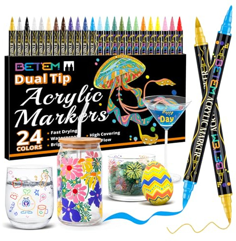 Betem 24 Colors Dual Tip Glass Paint Markers, Window Markers, Erasable Wine Glass Markers, Brush + Fine Tip Non-Toxic Acrylic Paint Marker Pens for Glass, Mirror, Ceramic, Eggs, Painting Kit