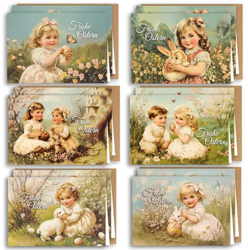 12 Osterkarten Set mit Umschlag Ostergrüße 12er-Set aufklappbare Frohe Ostern Grußkarten im A6 Format Klappkarten mit Vintage mit Kraftpapier Optik Umschlägen Frohe Ostern Kartenset