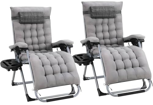 TLGREEN 2er Sonnenliege Liegestuhl, klappbare Gartenliege, Verbreitert mit Kissen, Wetterfest, Verstellbare Rückenlehne, mit Kopfstütze, Getränkehalter, Belastbar 160 kg, für Garten, Pool (Gray)