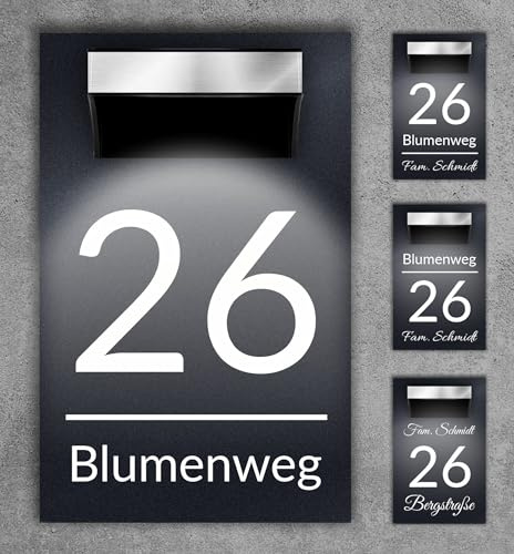 Premium Hausnummer beleuchtet mit LED Solar - RGB - inkl. 11 Farben | individuell anpassbar | Acrylglas Anthrazit Matt | Wetterfest H1027 - Anthrazit