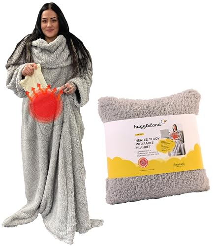 Downland Huggleland Teddy Fleece Wearable Blanket with Heated Front Pocket, Ultra Soft Warm Oversized Blanket with Sleeves for Sofa & Bed, Fluffy Sherpa Fleece Snuggle Throw for Adults, Grey