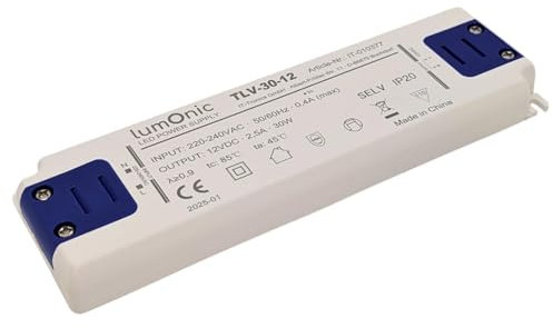 Lumonic I Transformador LED TLV-30-12 I 12V 30W I Input 220-240VAC I sin parpadeos I Protección contra sobrecargas I Fuente de alimentación LED I para iluminación LED