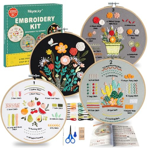 Meyocky Embroidery Kit for Beginners Adults, 4-Piece Stitches Practice Kits with Stamped Patterns Step-by-Step Instructions & Stitch Videos Hoop Threads Needles, Gift for Craft Lovers(Blue)