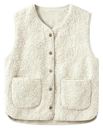 HUVZOR 1 gilet en polaire pour femme, gilet sans manches léger et chaud pour l'automne/hiver, veste en fourrure légère pour femme, couleur unie, col en V, avec poches, blanc cassé, taille M