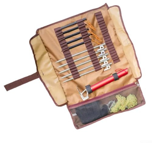 Yhenlovtt Bolsa organizadora portátil para tienda de campaña con martillo, guantes y accesorios para acampar al aire libre - 20 ranuras de almacenamiento para estacas y guylines