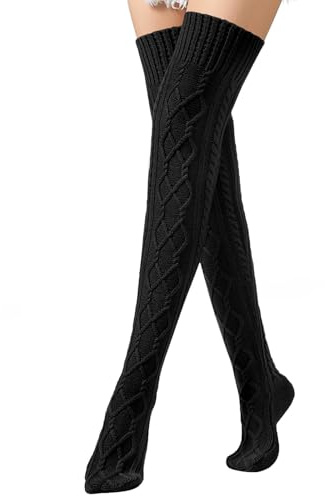 Generisch Bas avec couture et talon haut en tricot Chaussettes d'hiver au-dessus du genou extra longues en nylon brillant, Noir , taille unique