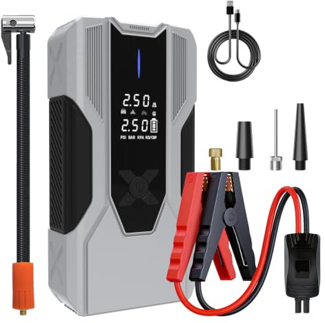 AWESAFE 12000Mha Inflador de Neumáticos 150PSI con Arrancador de Baterias de Coches (Todo Gasolina o 10L Diésel), Compresor de Aire Portátil para Coche con Pantalla LCD, Luz de Emergencia