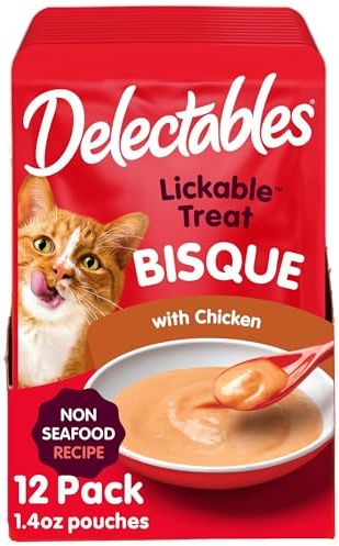 Delectables Lickable Treat Bisque Non-Seafood Wet Cat Treat with Real Chicken, Food Topper, Hydrating, Grain-Free, No Fillers, By-Products, Added Preservatives, 1.4oz Pouch, 12ct