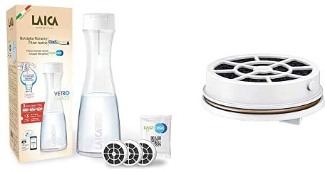 Laica BK31A Bottiglia Filtrante in Vetro Glassmart, 3 Filtri Fast Disk Inclusi, 360 Litri di Acqua Filtrata Istantaneamente+Filtro Fast Disk per Bottiglia Filtrante, Brevettato a Carboni Attivi