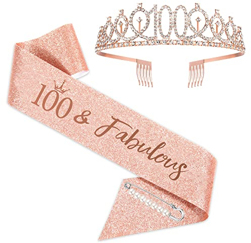 SZHUIHER Écharpe et diadème pour 100e anniversaire – Couronne en or rose et écharpe fabuleuse pour les fêtes heureuses