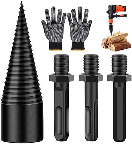 Norhogo Tornillo cónico, divisor de leña, broca de corte de madera con 3 mangos (cuadrado/redondo/hexagonal), en etapas de corte de madera, cortador de madera eléctrico (32)