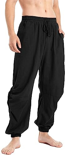YAOBAOLE Pantalon Homme Lin Été Décontracté Ample avec Cordon Ceinture Élastique Bas Plissé Style Japonais Yoga Vacances Noir L