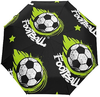 GAIREG Fußball auf schwarzem faltbarem Regenschirm, automatisches Öffnen und Schließen, kompakte, winddichte Regenschirme