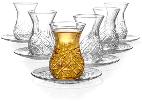 Red Set of 6 Tulip Shaped 6 Fl Oz Cut Glass Turkish Tea Cups with Saucers, Clear, (TB-1805)