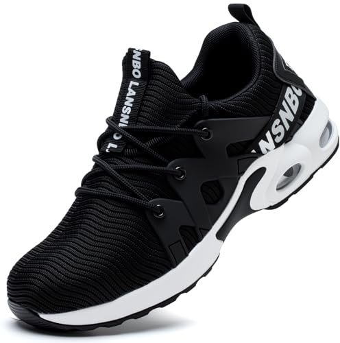 LANSNBO Steel Toe Shoes for Women Indestructible Safety Work Shoes Air Cushion Lightweight Breathable Utility Sneakers Puncture Proof Slip Resistant Composite Toe Footwear（HEI HEI 37 Black,White