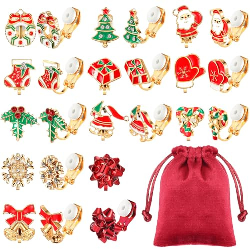 Otuuz 12 Paires Boucles d'Oreilles à Clip de Noël Boucles d'Oreilles sans Piercing en Alliage Boucles d'Oreilles Pendantes de Gants Flocon de Neige Cloche Père Noël Cadeaux de Bijoux pour Femme