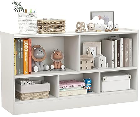KOMFOTTEU Spielzeugschrank Kinder, Spielzeugregal mit 5 Fächer in 2 verschiedenen Größen, Kinderregal Bücherregal Holz, Aufbewahrungsschrank für Bücher & Spielzeug, 111 x 30 x 61,5 cm (Weiß)
