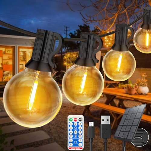 GreHom 15M Solar Lichterkette Außen mit 25+1 G40 LED Glühbirnen, Lichterkette Außen Solar Wetterfest mit USB/Solar-Lademethode, 8 Modi, IP65 Wasserdicht Lichterketten für Garten, Terrasse, Hochzeiten