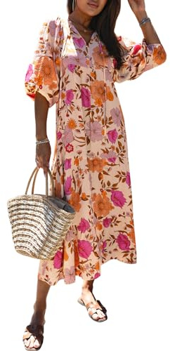miduo Vestido Largo Casual de Verano con Cuello en V y Media Manga con patrón geométrico Bohemio para Mujer, A Multicolor 19, S