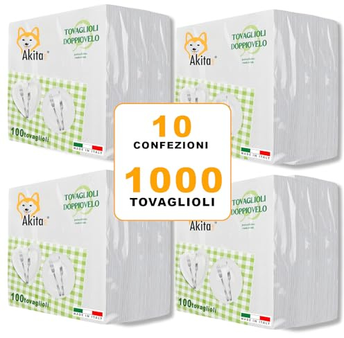 Tovaglioli doppio velo 1000 Tovaglioli 2 veli Akitaink - 10 Confezioni da 100 con Decorazioni Originali, 100% Pura Cellulosa Certificata FSC, Made in Italy