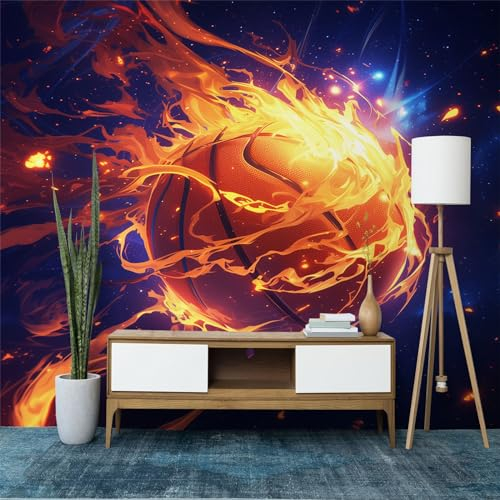 Papel pintado de baloncesto en llamas deportivas, coloridos murales fotográficos 3D para el hogar, dormitorio, sala de estudio, sala de estar, fondo de pared, papel pintado fotográfico de 350 x 256 cm
