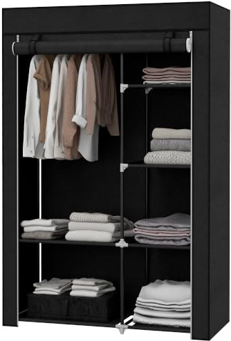 HOMCOM Fabric Wardrobe without wheel 103 x 43 x 162.5 cm Black | Portable Wardrobe, 6 Shelves, 1 Hanging Rail, Foldable