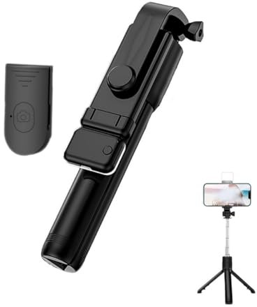 6 in 1 Wireless Bluetooth Selfie Stick, 360° Rotating Retractable Selfie Stick Tripod, Phone Tripod Stand with Detachable Wireless Remote, 3 Light Modes for Camera and Phone (Black)