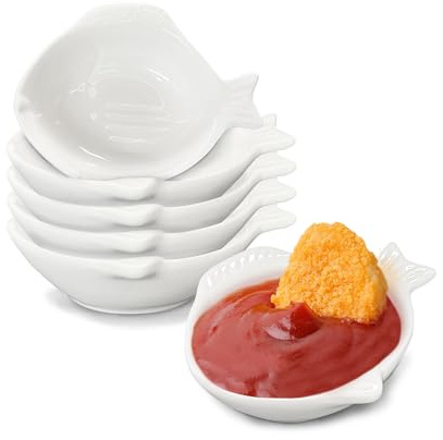 ULWSKY Set of 6 Fish Shape Sauce Dishes,Porcelain Dipping Bowls,Appetizer Plate,Dishwasher Safety,for Ketchup Salad Wasabi Sushi Chips Meats Veggies