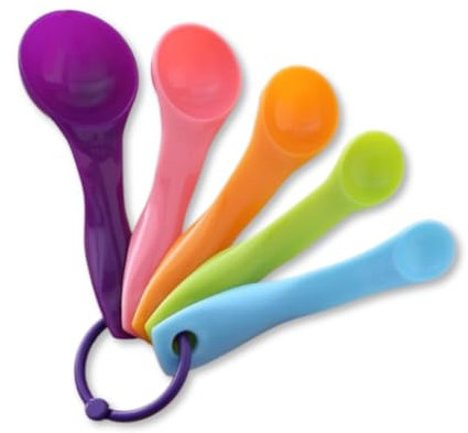 PARENCE.- Set di 5 misurini in plastica colorata - da 1 a 15 ml/g - Misurino da cucina e pasticceria con anello per appendere - Dispenser preciso