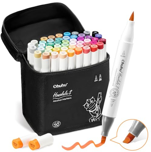 Ohuhu Marker, 48+1 Farben Pinsel und weicher Meißel Doppelte Spitzen Nahtloses Mischen Nachfüllbare Tinte Alkohol Marker für Künstler Erwachsene Färbung Illustrationen Skizzieren - Honolulu S