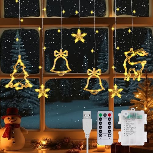 Lamptobe Christmas Window Decorations Lights, Hanging 120 Led Star Curtain String Light with Reindeer, Bells, Tree, USB Battery Power Xmas Light Indoor with Remote & 8 Modes, Timer, 3.5M,1 Pack