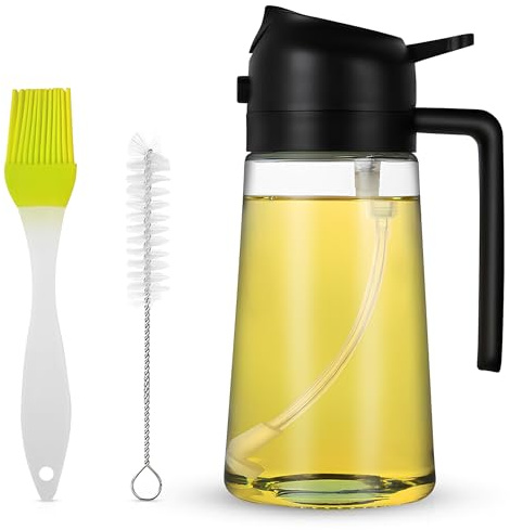 Pulverizador de Aceite 2 en 1 470 ml – Dispensador Spray Cocina para Freidora de Aire, Ensaladas, Vinagre y BBQ – Aceitera de Vidrio Negra Antiluz con Vertedor
