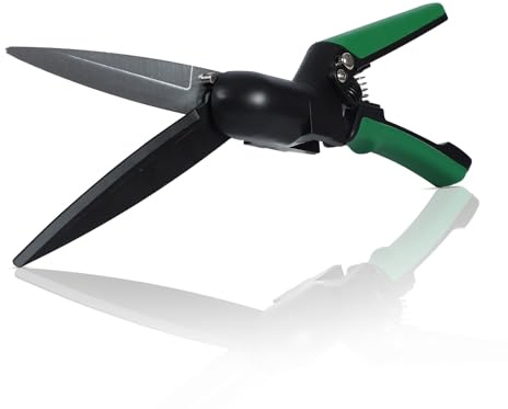 GOOGO Grasschere, Rasenschere mit 180° Drehbarem Schneidkopf, Handgeführte Rasenkantenschere mit SK5 Kohlenstoffstahlklingen, Teflon Antihaftbeschichtung und Sicherheitsverriegelung (33.5cm Länge)