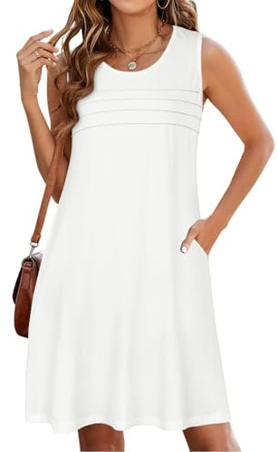 florynova Womens Summer Dresses Casual Sleeveless Beach Dress Front Pleated Tank Sundress with Pockets(White,2XL)