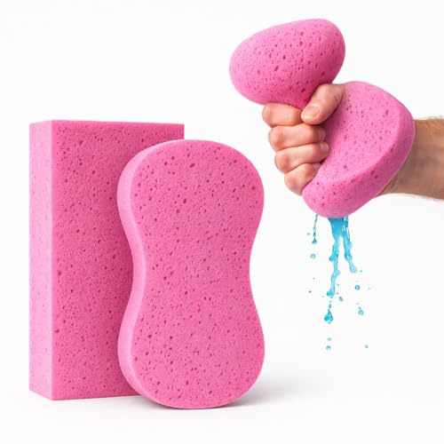Multi-Purpose Sponges for Cleaning - Pink 2 Pack, Large Sponges for Car Washing, Tile & Grout, All Purpose Cleaning