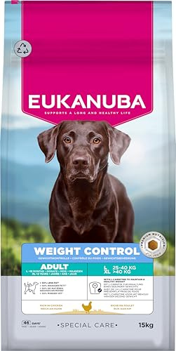 Eukanuba Weight Control hundmat med kyckling för stora raser, t.ex. som steriliserade/kastrerade hundar, fettsnål special care torrfoder för viktbevarande eller för diet vid övervikt, 15 kg