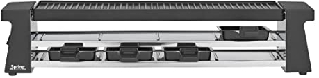 Spring Raclette 4 Personen COMPACT Schwarz, Tischgrill elektrisch, Antihaftbeschichtete Alu-Grillplatte, 4 Raclette Pfännchen & Spatel, Abstellebene, 54,0×10,5×11,5cm, 650W, Raclette Grill