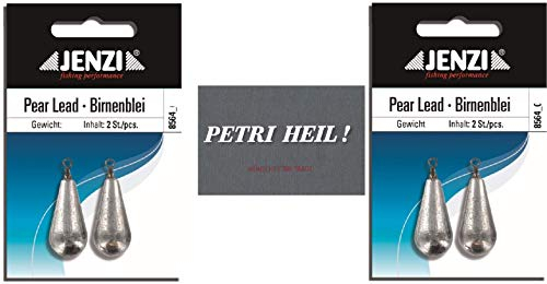 .Jenzi Set de 2 paquetes de plomo de pera, 40 gramos, 2 x 2 unidades, con espiral/ojal + pegatina Petri Heil!