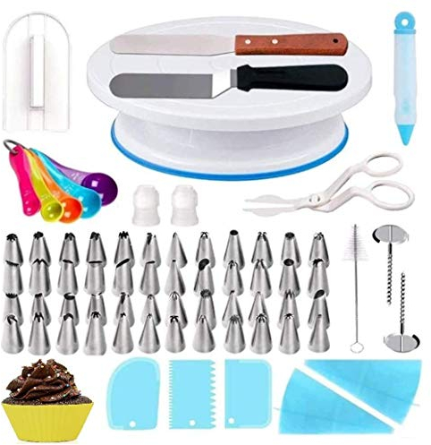 KOKSI 69-Piece Professional Cake Decorating Set with Turntable, Spatulas, Piping Bags, Nozzles, Icing Smoother, Measuring Spoons, Brush Cleaner and More