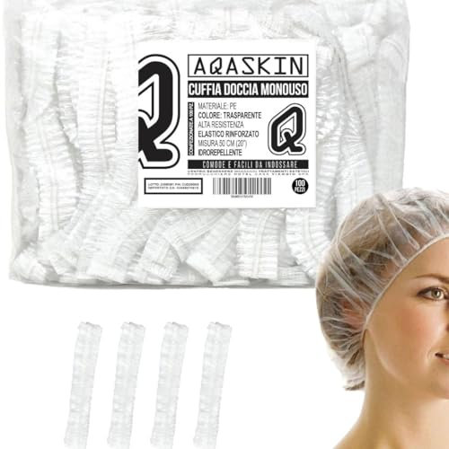 AQASKIN | 100 Cuffie Doccia Monouso - NON IMBUSTATE SINGOLATMENTE - Ø50CM - cuffie monouso in PE, Cuffiette da Doccia - ideali per doccia di Hotel, Spa, Parrucchiere (Ø50CM - 100 pz)