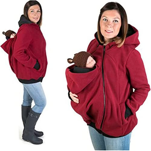 Babybärare jacka 2-i-1 fleece dragkedja känguru moderskap huvtröjor bärsele huvtröja jacka kvinnor gravid topp baby bär babyhållare fleece huvtröja sweatshirt bärsele, Röd, L