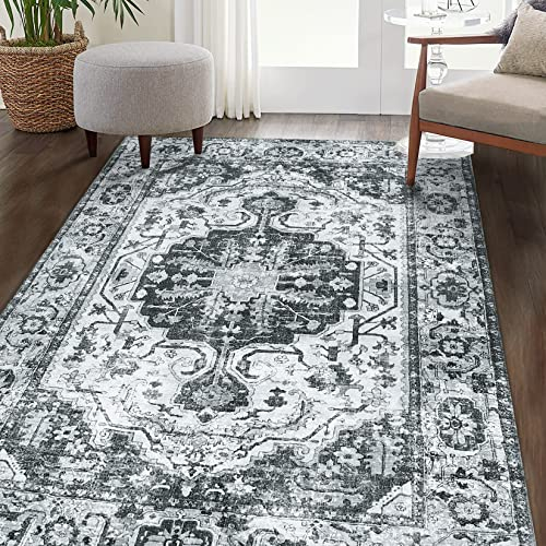 CAROMIO Traditioneller Vintage-Flächenteppich, rutschfest Wasser & Schmutzabweisend Waschbar In & Outdoor Teppich Kurzflor mit Orient Design Teppich für Schlafzimmer Wohnzimmer 160 x 230 cm Grau