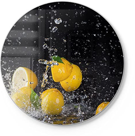 DEQORI Tabla de cortar de cristal, redonda, diámetro de 30 cm, diseño de limones y perlas de agua, placa de corte para cocina, antibacteriana y antideslizante, placa de cristal y bandeja para servir