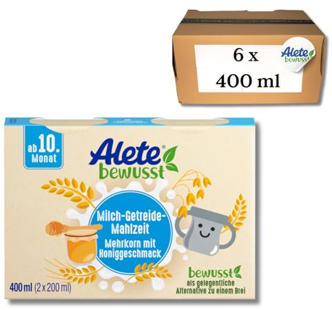 Alete bewusst Milch-Getreide-Mahlzeit Mehrkorn mit Honiggeschmack, ab dem 10. Monat, trinkfertige Babynahrung als Ersatz zu Babybrei, warm oder kalt trinken, 6 x 400 ml (2 x 200 ml)