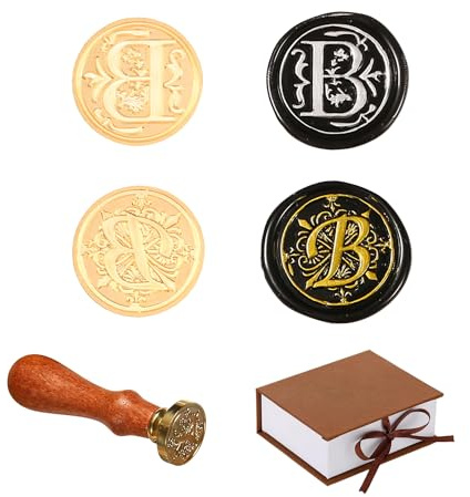 Comealltime 2 stycken retro alfabet sigillvaxstämplar, A~Z initialer vaxstämplar med trähandtag, vintage 26 bokstäver 25 mm avtagbart mässingshuvud för invitations kort gift wrapping Decor(Letter B)