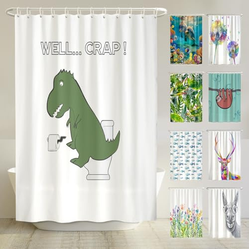 arteneur® - Lustiger Dinosaurier - Anti-Schimmel Duschvorhang 180x200 - Öko-Tex Standard 100 - Beschwerter Saum, Blickdicht, Wasserdicht, Waschbar, 12 Ringe