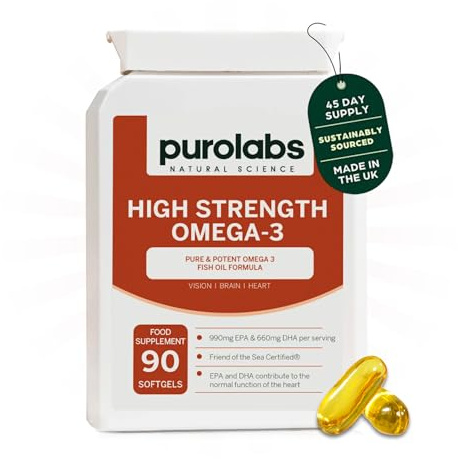Purolabs Omega 3 Fish Oil Capsules – High Strength Omega 3 with 660mg EPA & 440mg DHA per Serving – Premium Omega 3 Capsules for Heart, Brain & Vision Support – 90 Easy-to-Swallow Softgels
