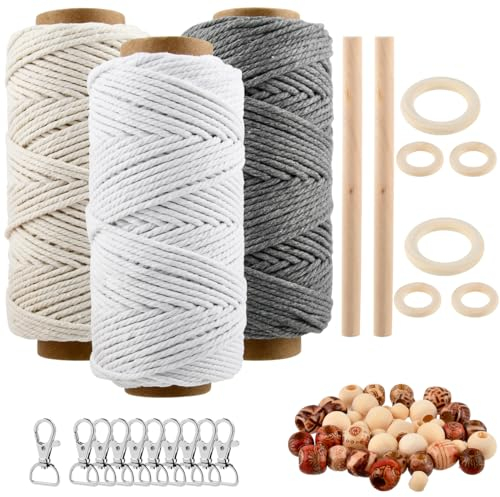 USENG 61Stk. Makramee Garn Set,3mm Makramee Garn DIY Macrame Set für Anfänger,Makramee Baumwollgarn mit Holzperlen Schlüsselanhänger,Makramee Anfänger Set für Geschenk,Makramee Bastelset Zubehör Set
