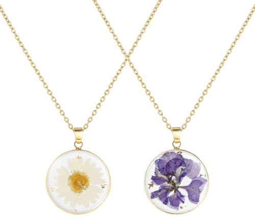MWOOT 2 delar pressat blomhalsband, födelsemånad blomhalsband, handgjort halsband smycken för kvinnor, kristall krysantemum, Medium, Acier inoxydbar, plack